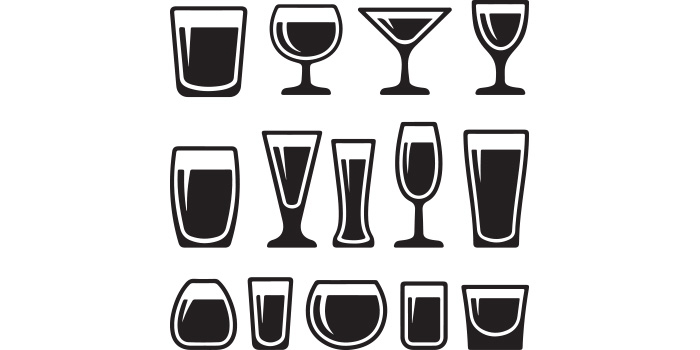 Set of vector unique images of shot glass silhouettes.