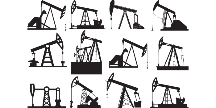 Set of vector adorable images of pump jack silhouettes.