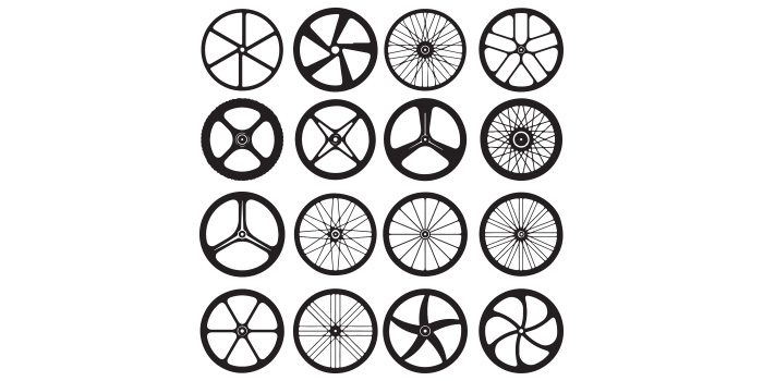 A pack of gorgeous images of black bicycle wheels.