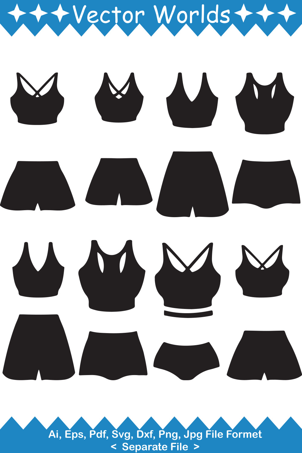Collection of unique silhouette images of women's sports bras and shorts.