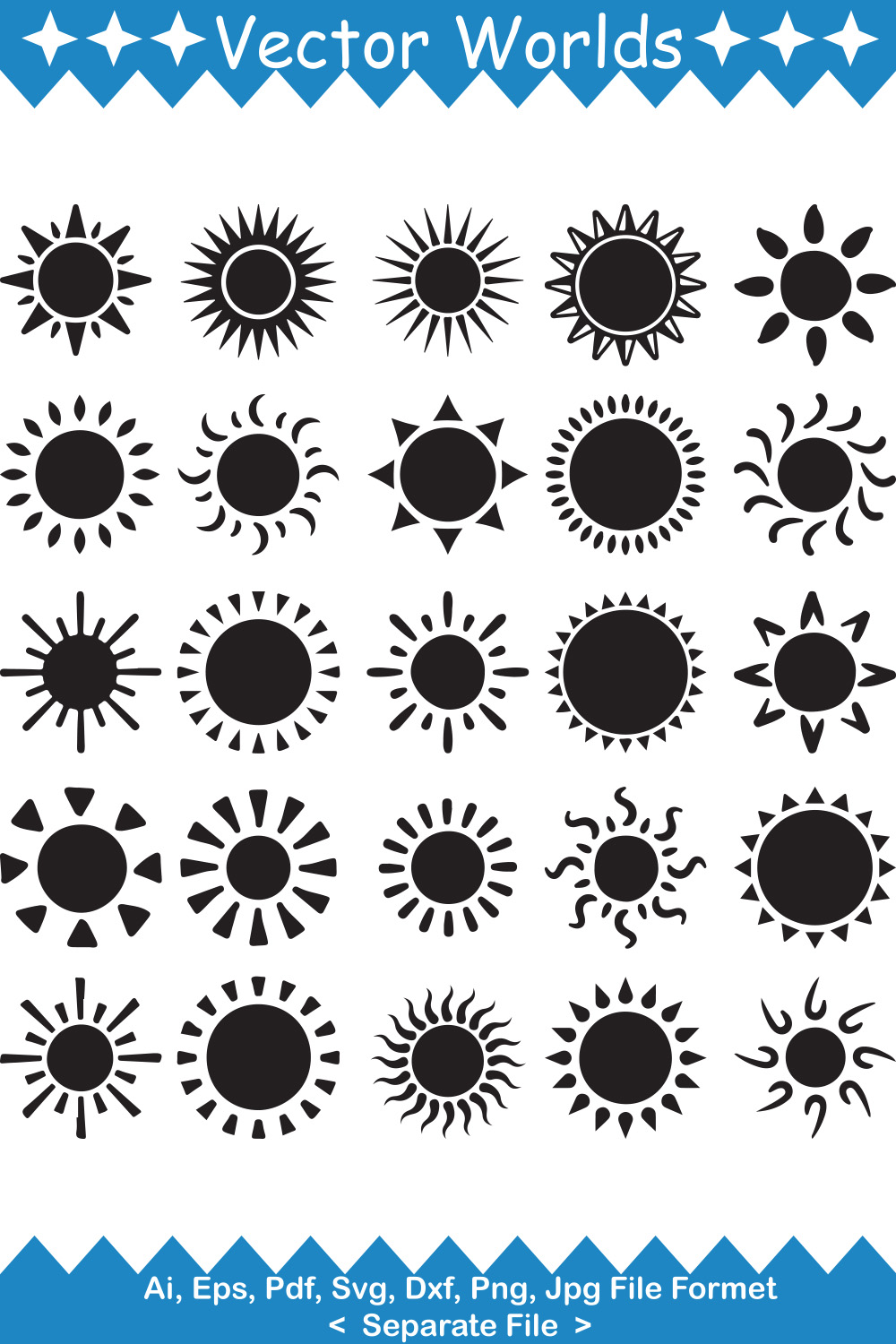 Set of vector unique images of sun silhouettes.