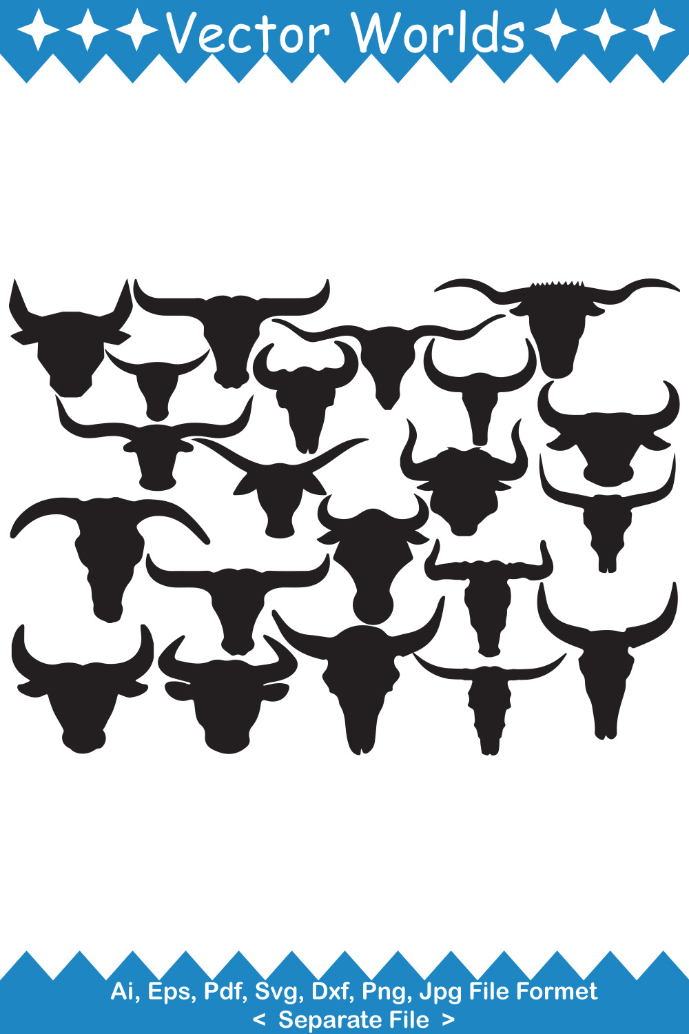 Bunch of long horn steer heads on a white background.