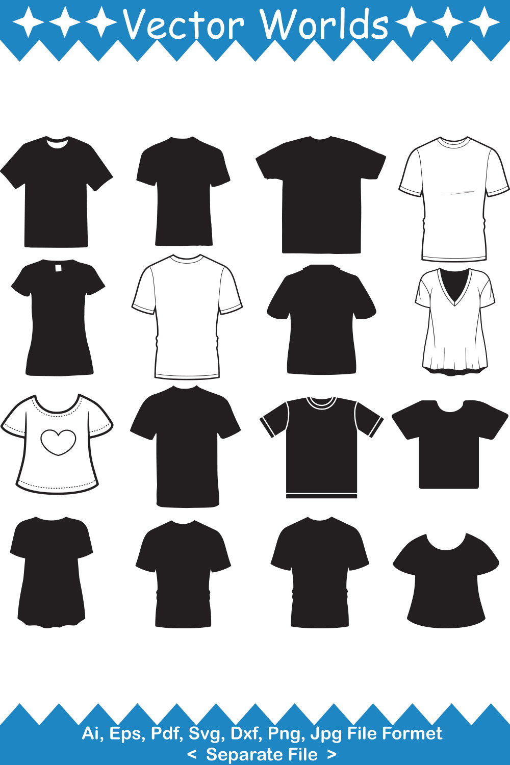 Collection of vector irresistible images of short sleeve t-shirt silhouettes.