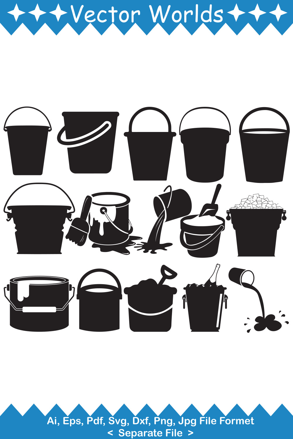 Bundle of vector unique images of bucket silhouettes.