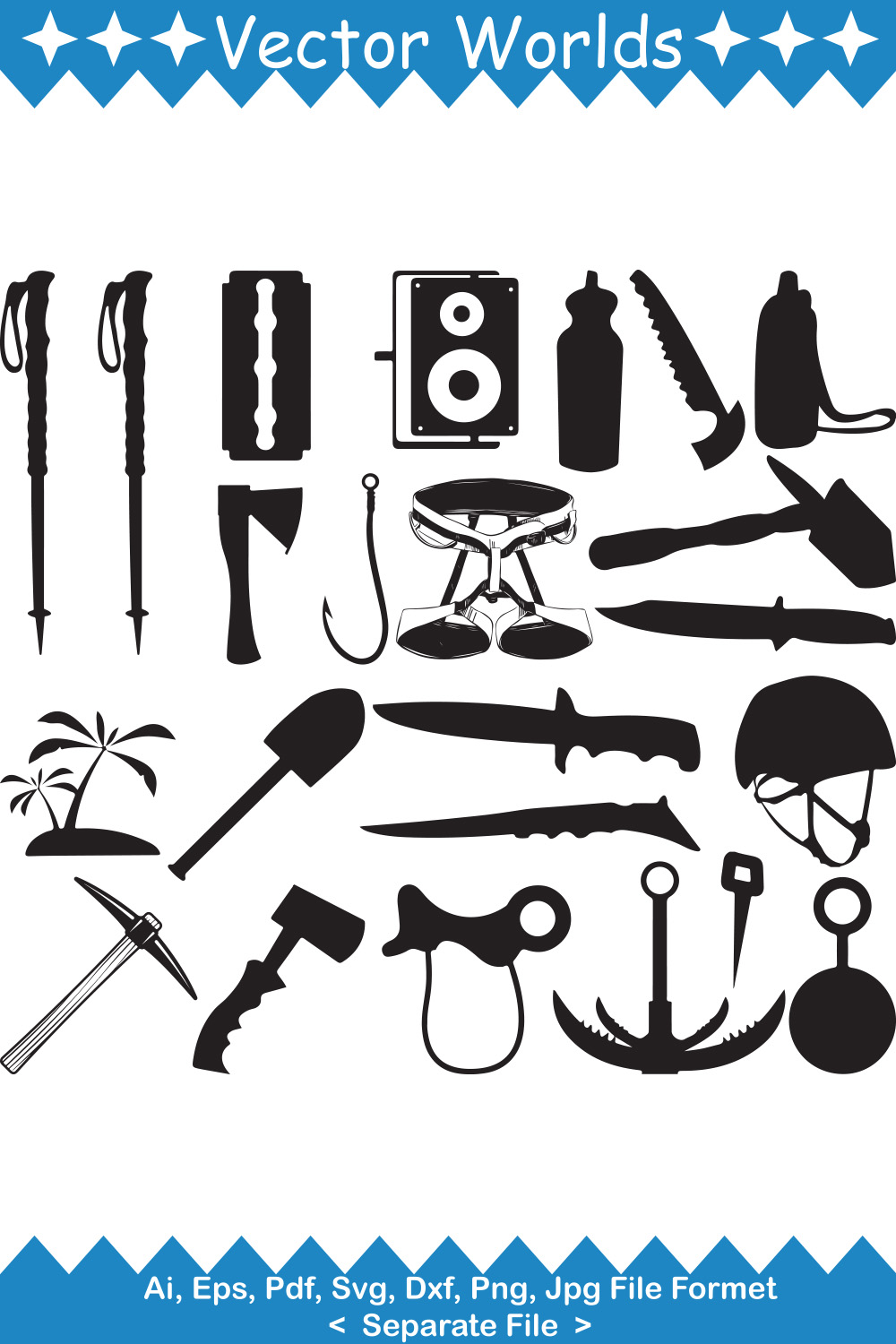 Bundle of vector irresistible images of mountaineers tool silhouettes.