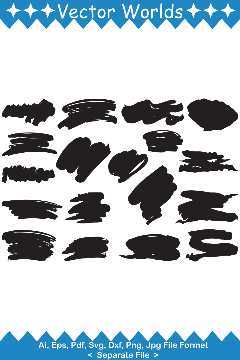 Collection of vector enchanting images of silhouettes of brush strokes.