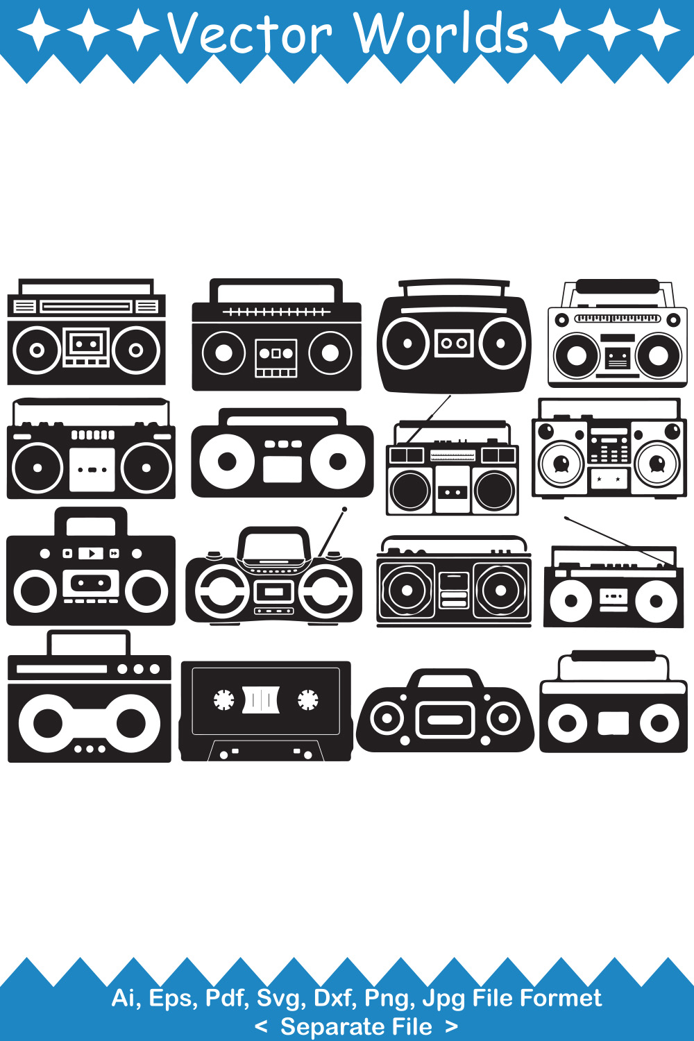 Collection of vector exquisite images of boomboxes silhouette.