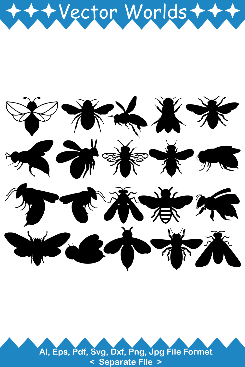 Collection of vector gorgeous images of bee silhouettes.