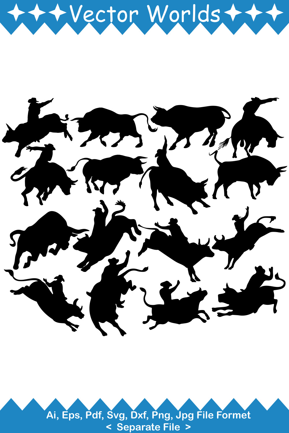 Set of silhouettes of bulls and cowboys.