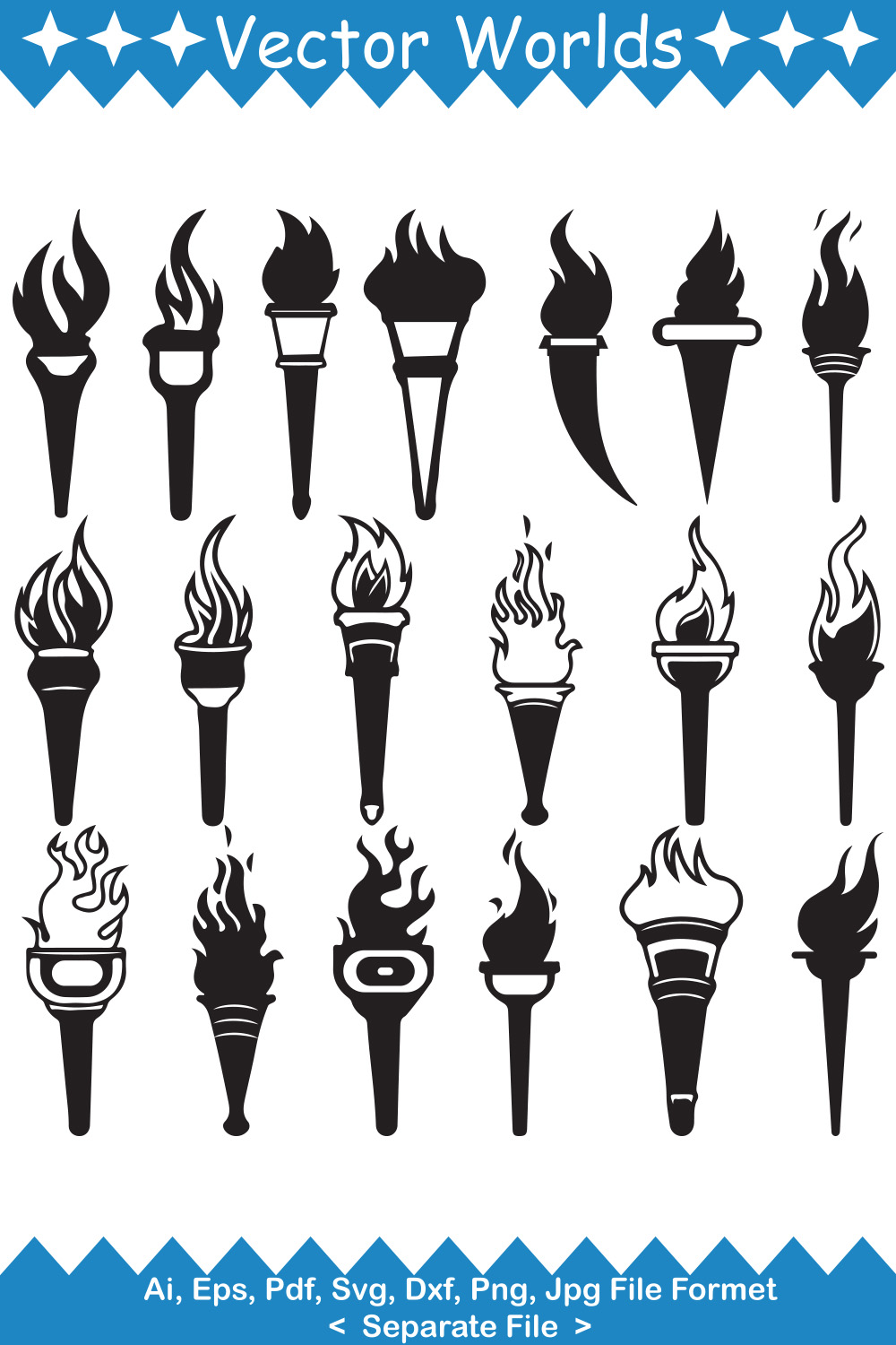 Collection of vector amazing silhouette images of burning torches.