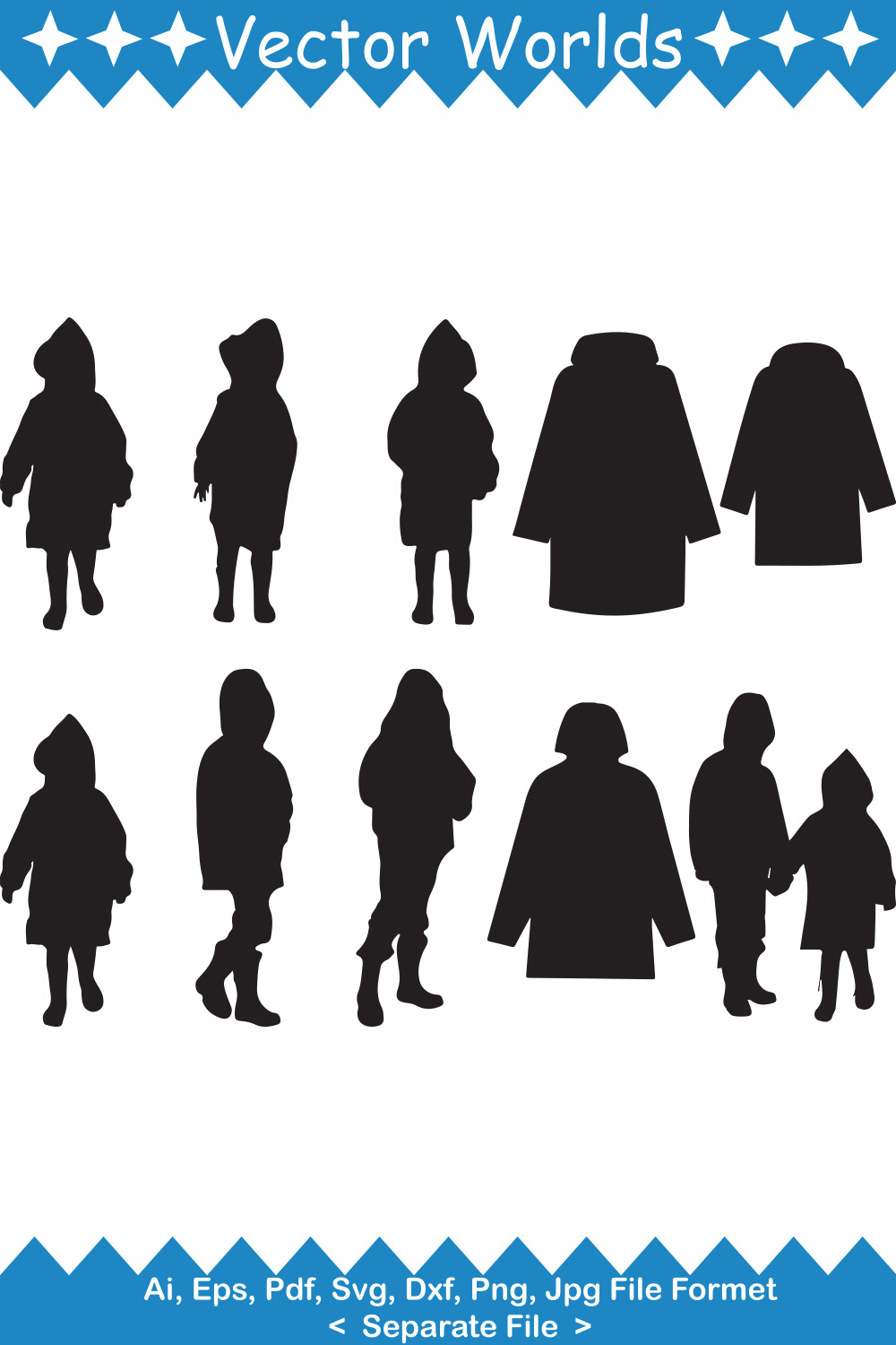 A selection of vector wonderful images of silhouettes of raincoats.