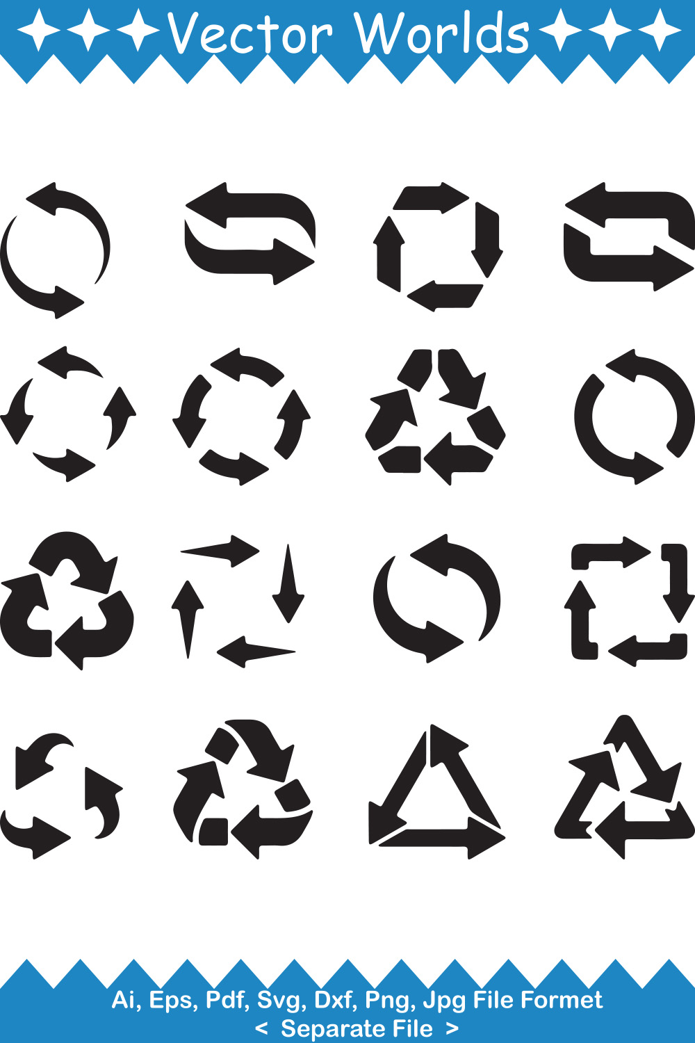 Pak of vector enchanting images of recycling symbol silhouettes.