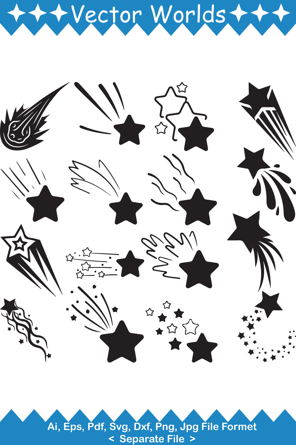 Collection of vector charming images of meteor comet silhouettes.