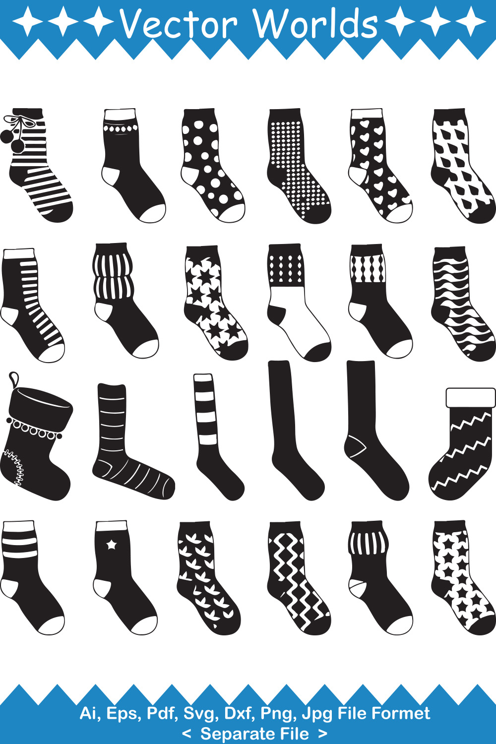 Collection of vector exquisite images of sock silhouettes.