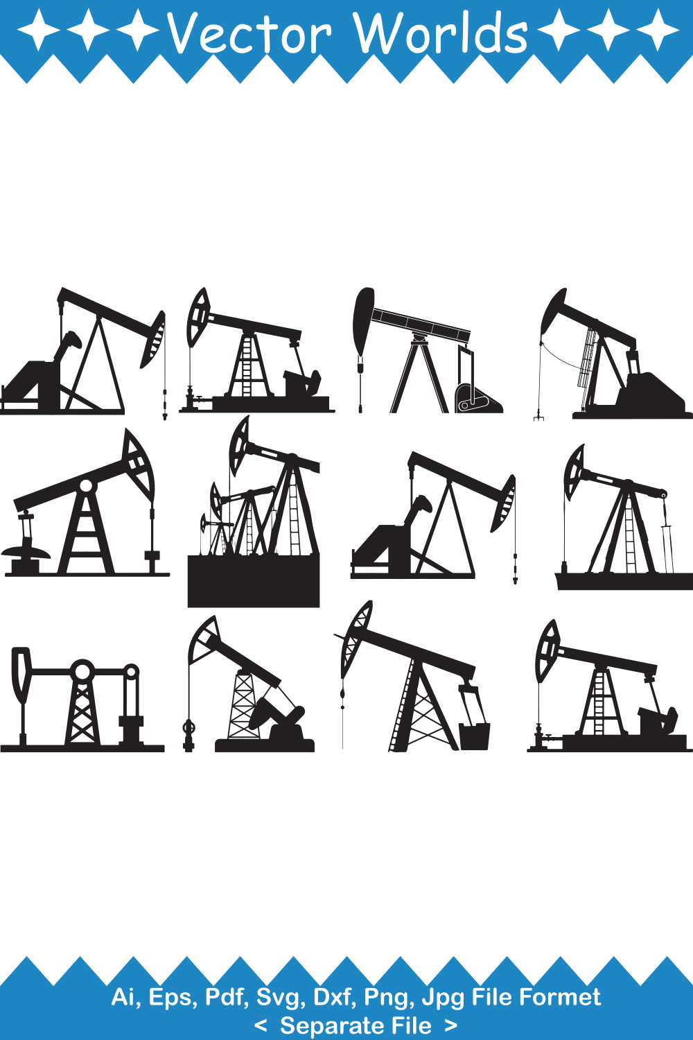 Pack of vector gorgeous images of pump jack silhouettes.