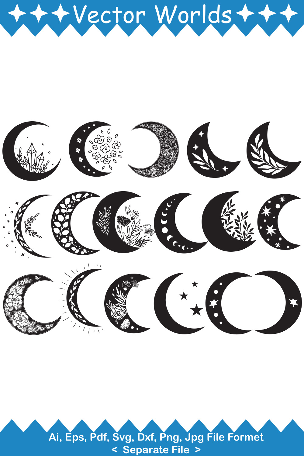 Bundle of vector irresistible images of the boho moon silhouette.