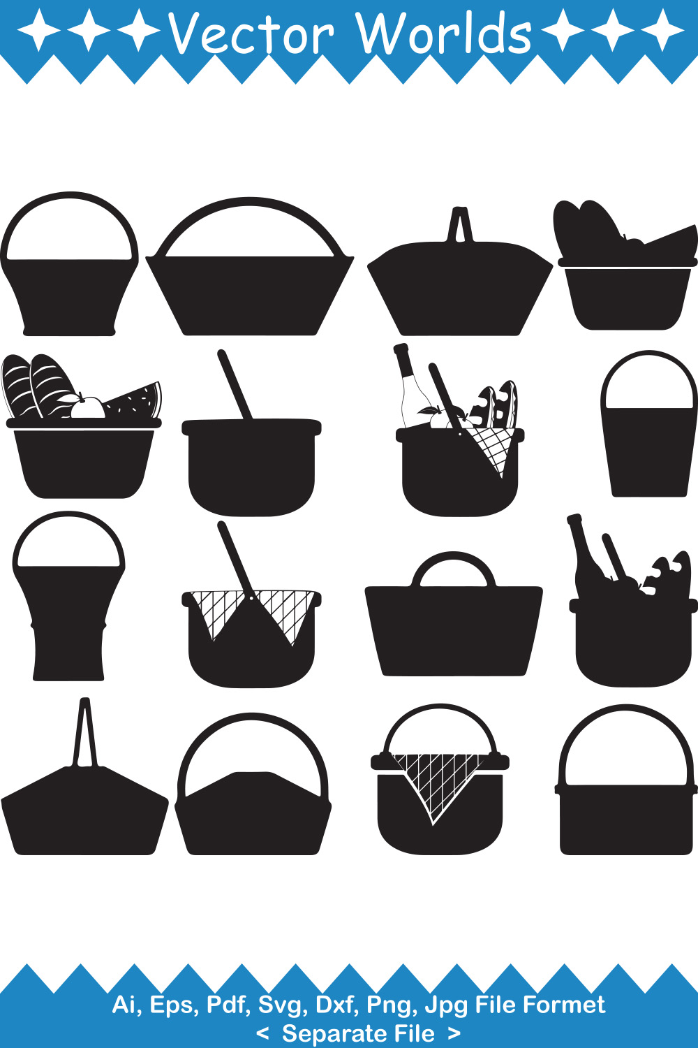 Collection of vector exquisite images of silhouettes of picnic baskets.