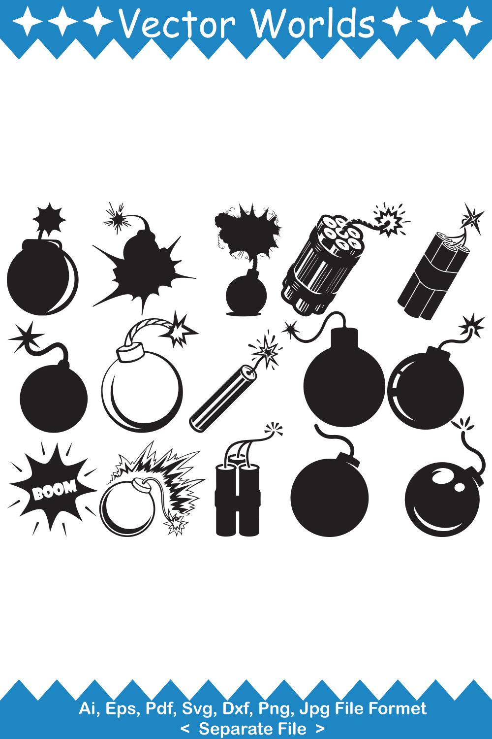 Pack of vector amazing bomb and dynamite silhouette images.