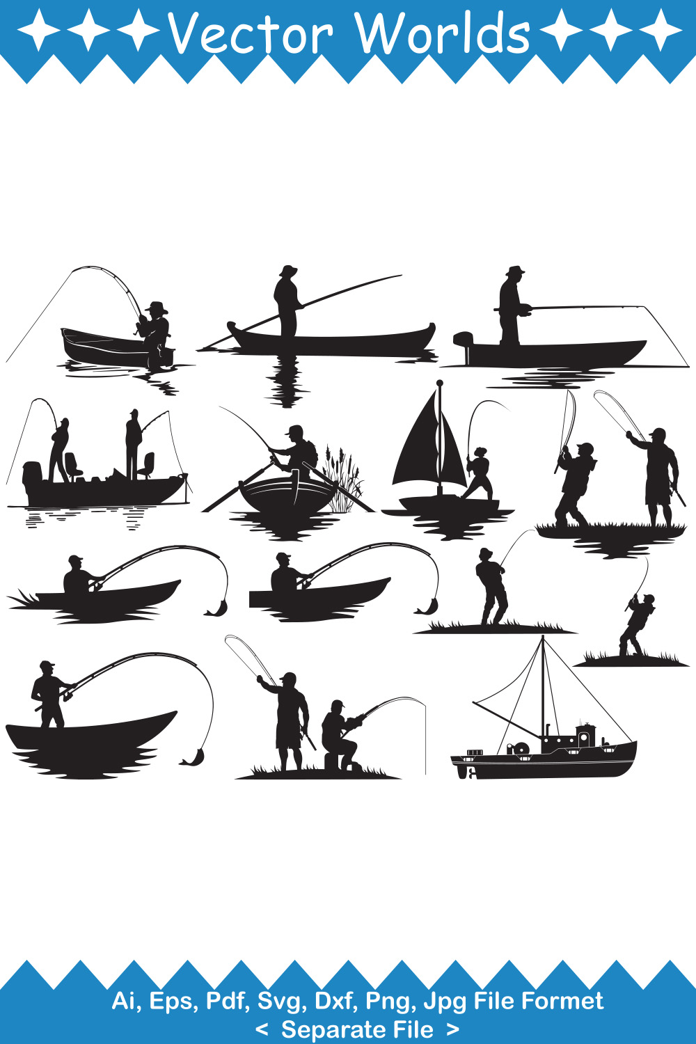 A selection of vector unique images of silhouettes of fishermen on boats.