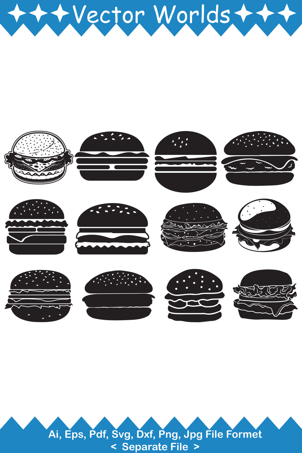 Pack of vector irresistible burger silhouette images.