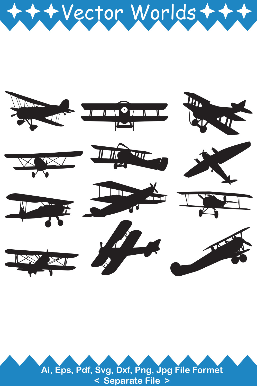 A selection of vector wonderful images of the silhouette of biplanes.