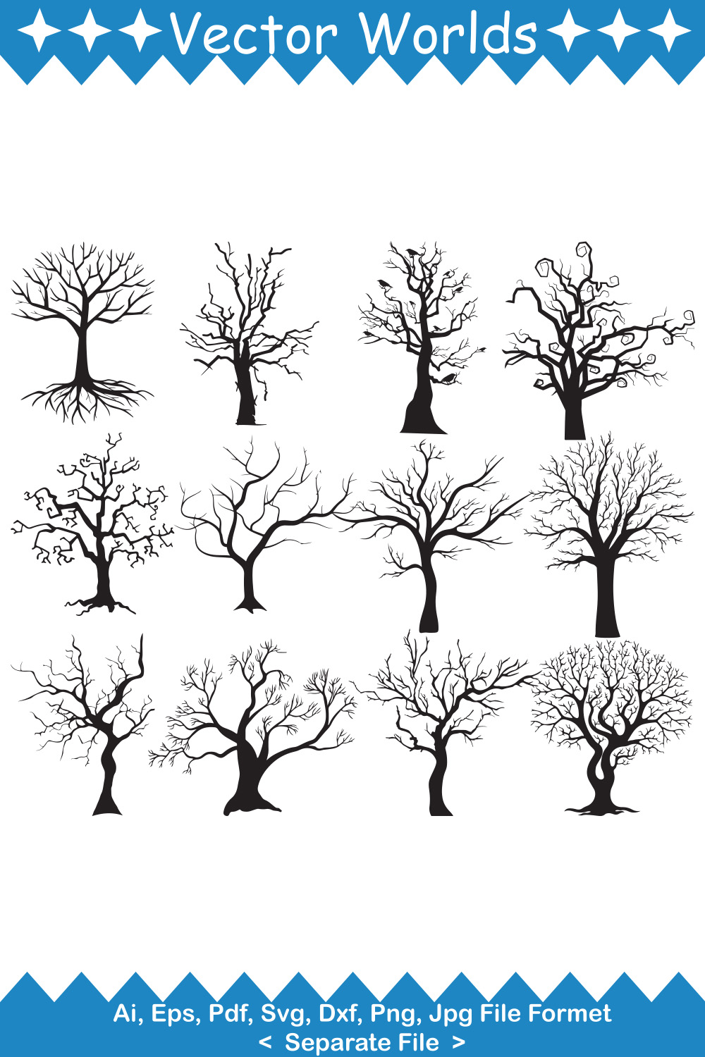 Set of vector exquisite images of branching trees silhouettes.