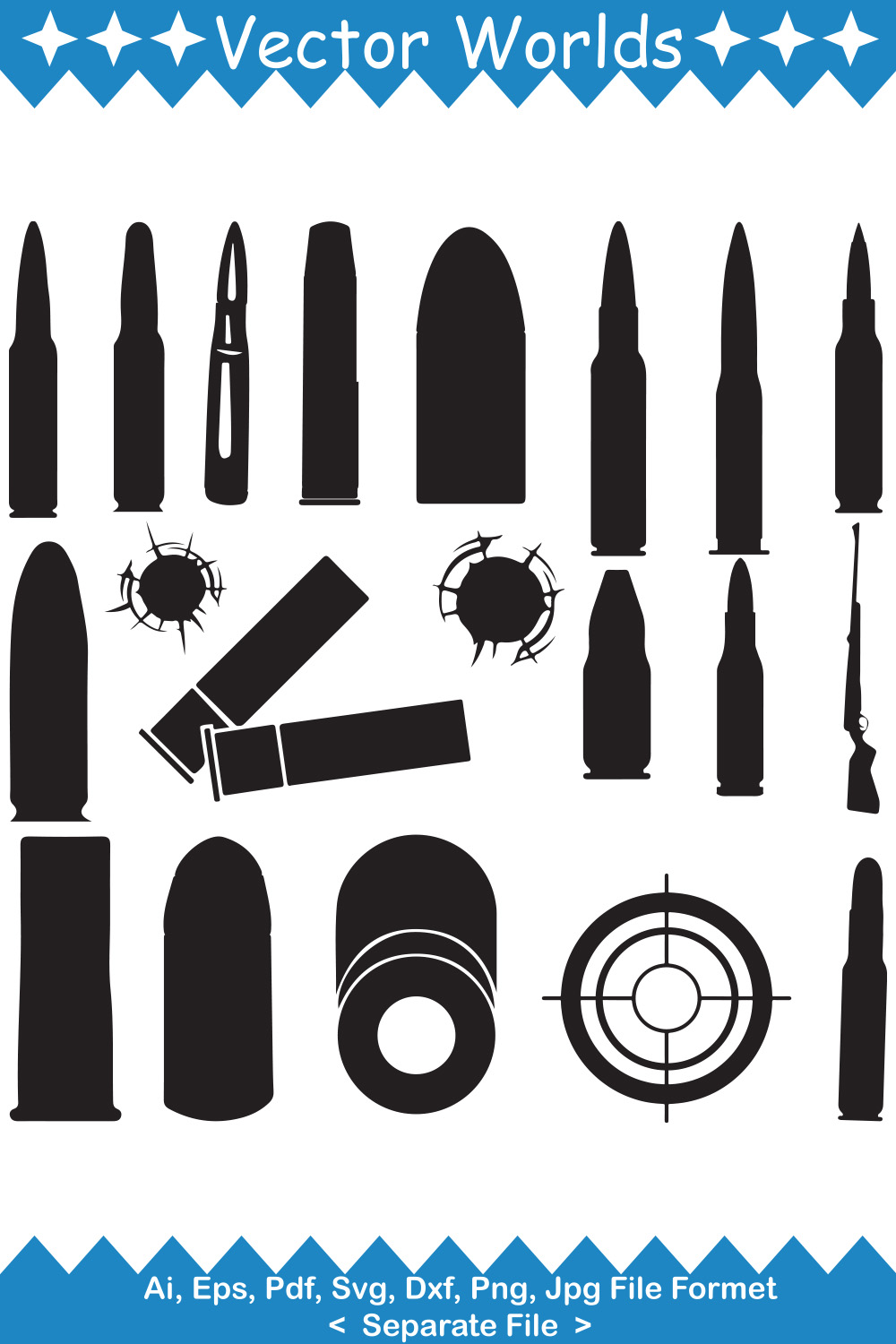 Bundle of vector amazing bullet silhouette images.