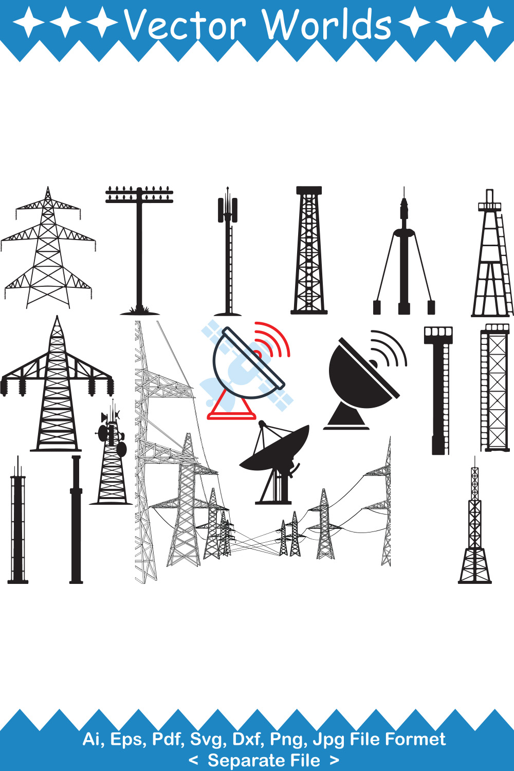 Pack of vector wonderful images of transmission tower silhouettes.