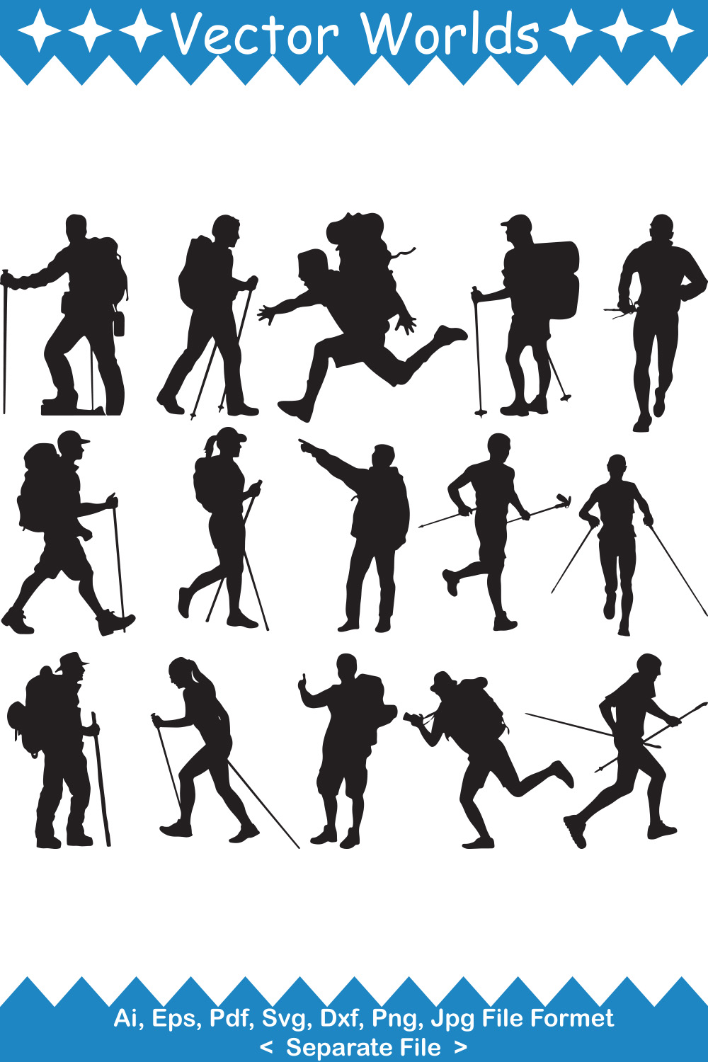 Collection of vector enchanting images of trekking silhouettes.