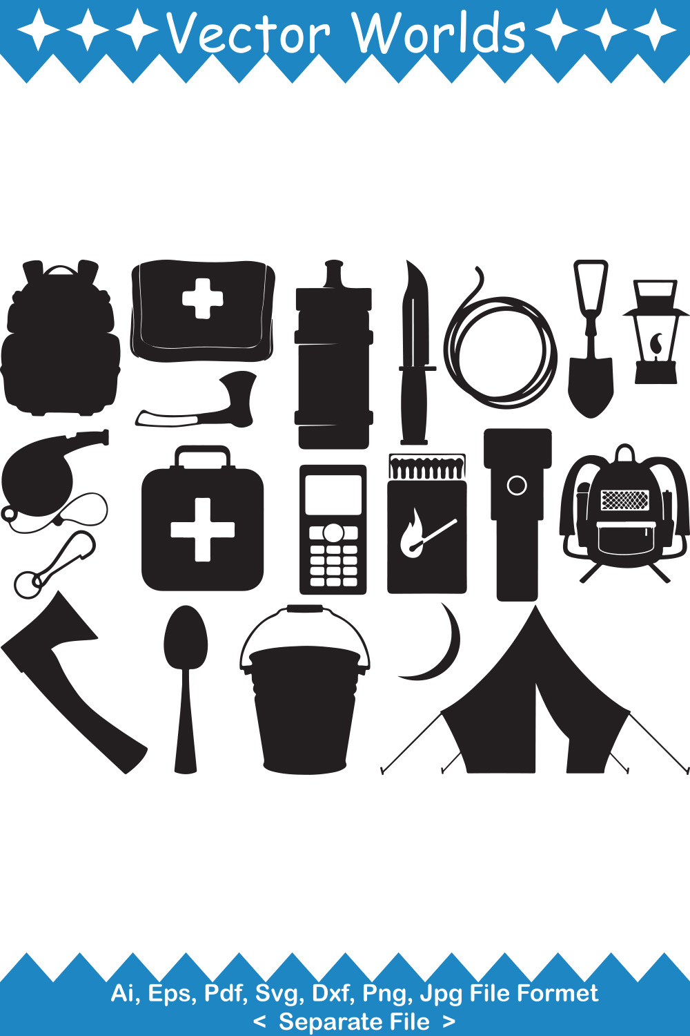 Pack of vector enchanting images of mountaineers tool silhouettes.