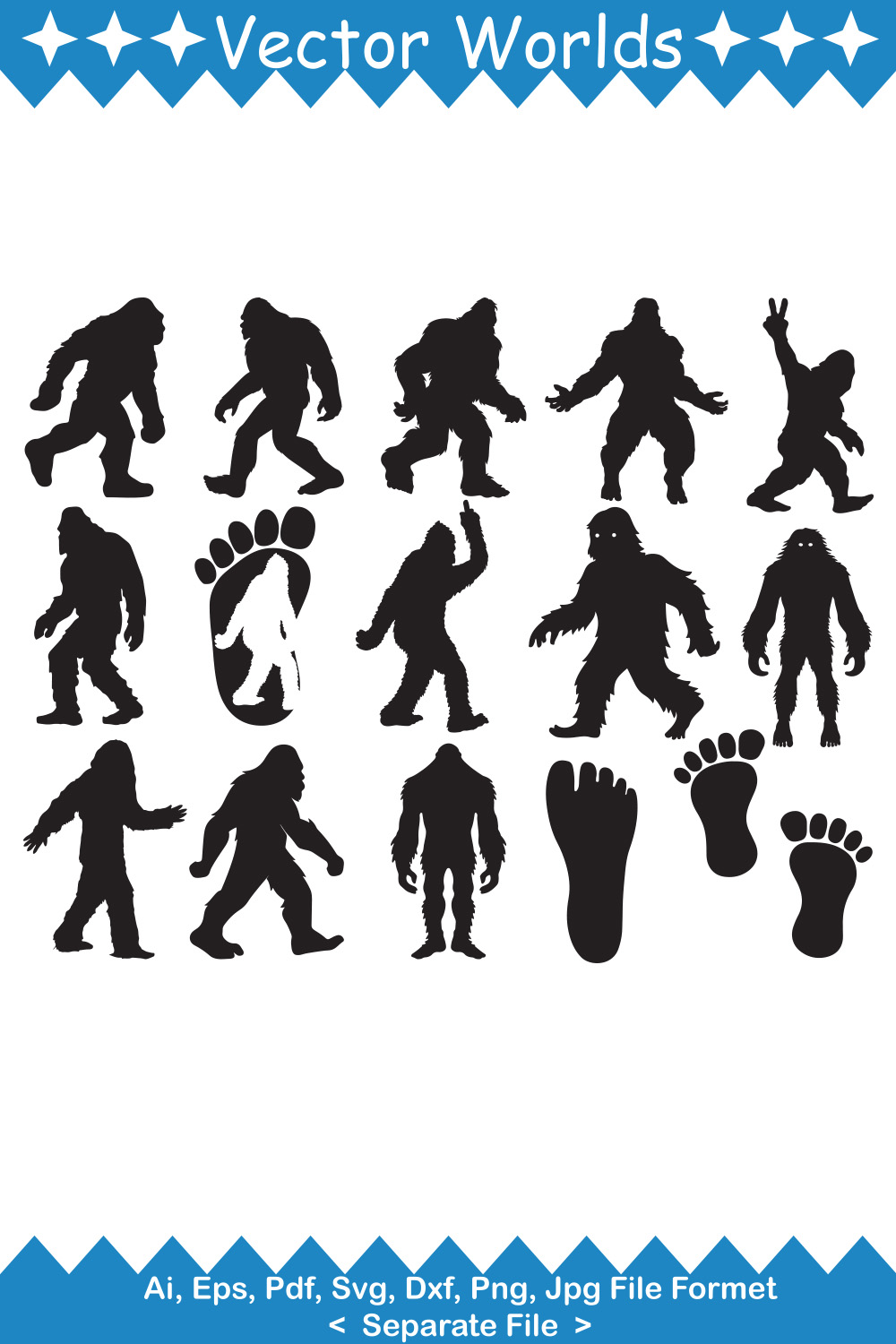 Big set of silhouettes of bigfoots.