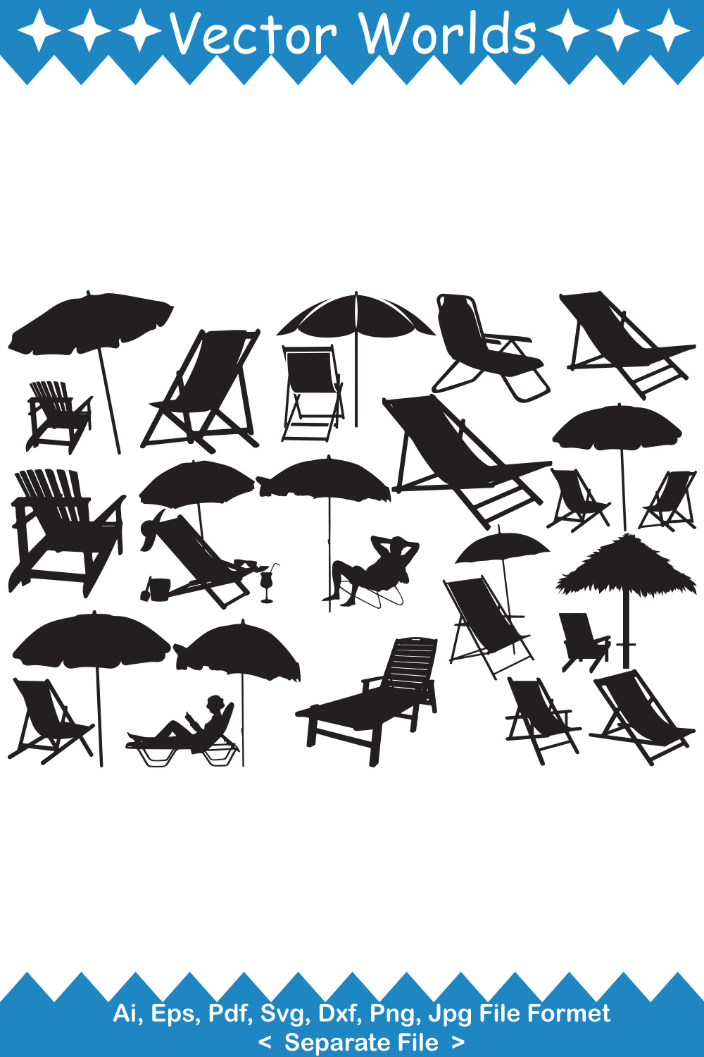 Pack of vector enchanting images of beach chairs in black color.