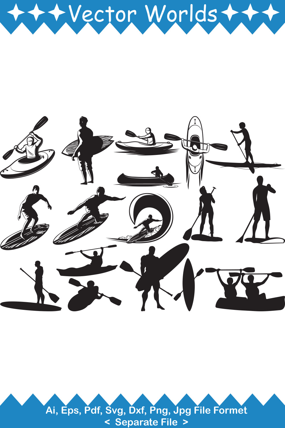 Set of vector beautiful images of paddle board silhouettes.