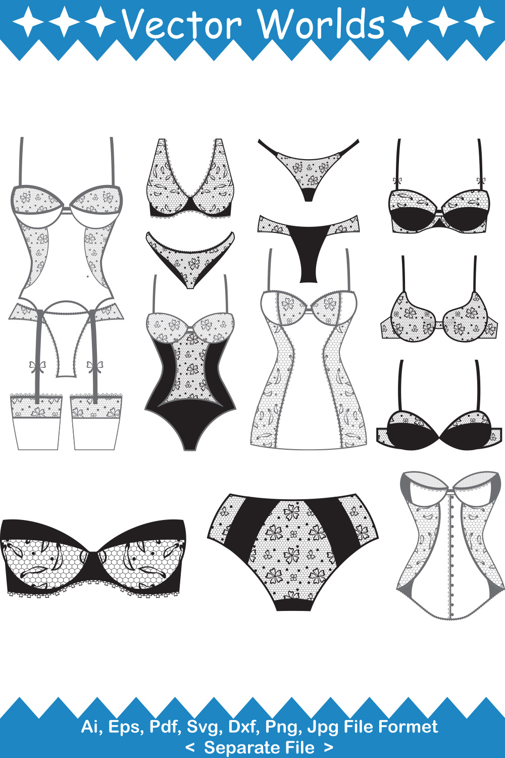 Collection of vector exquisite images of lingerie silhouettes.
