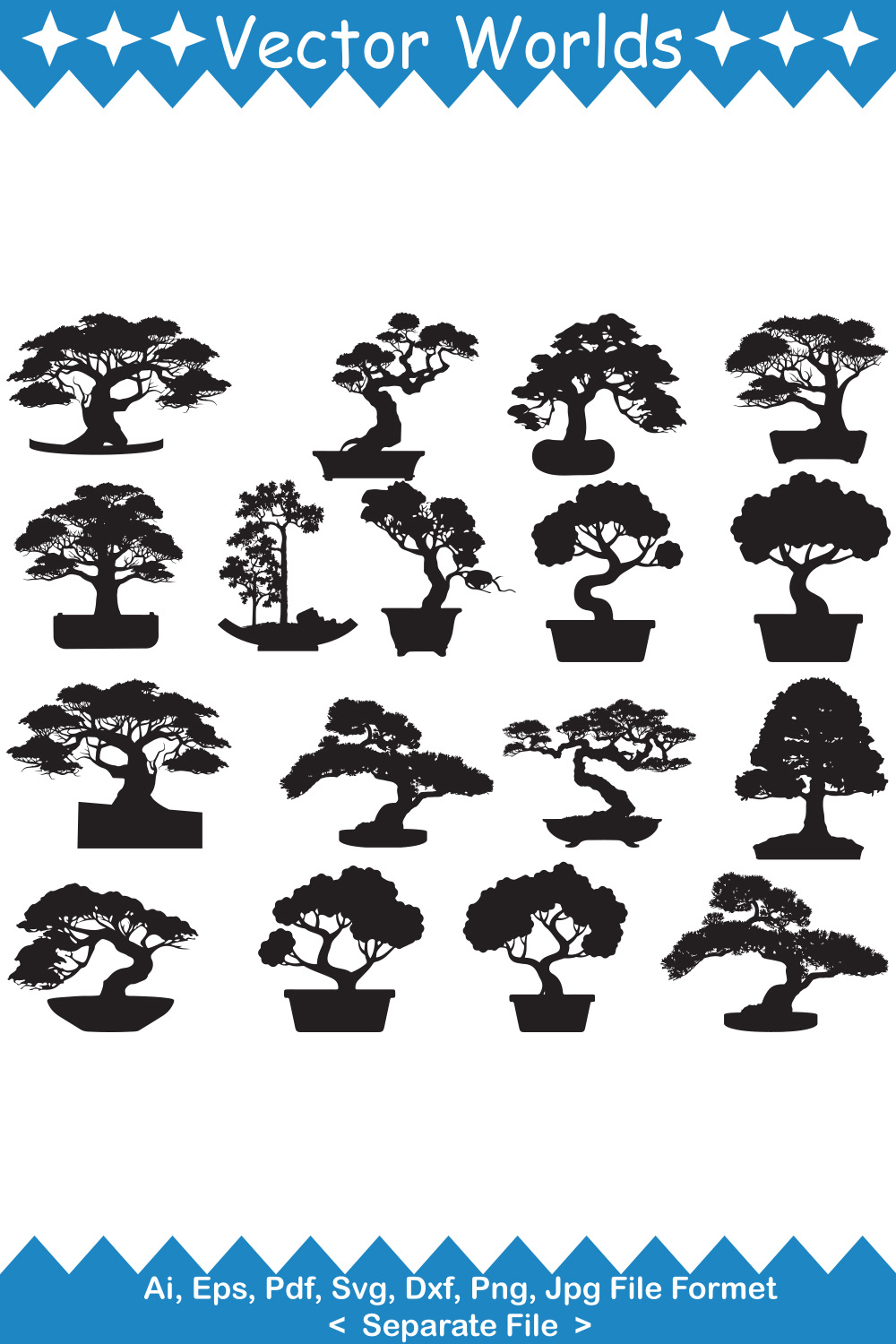 Set of vector beautiful images of bonsai tree silhouette.