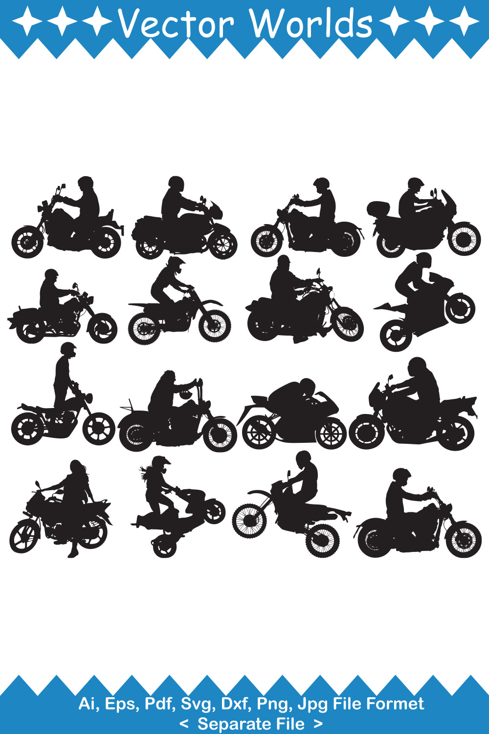 Collection of vector amazing images of bike silhouette with racer.