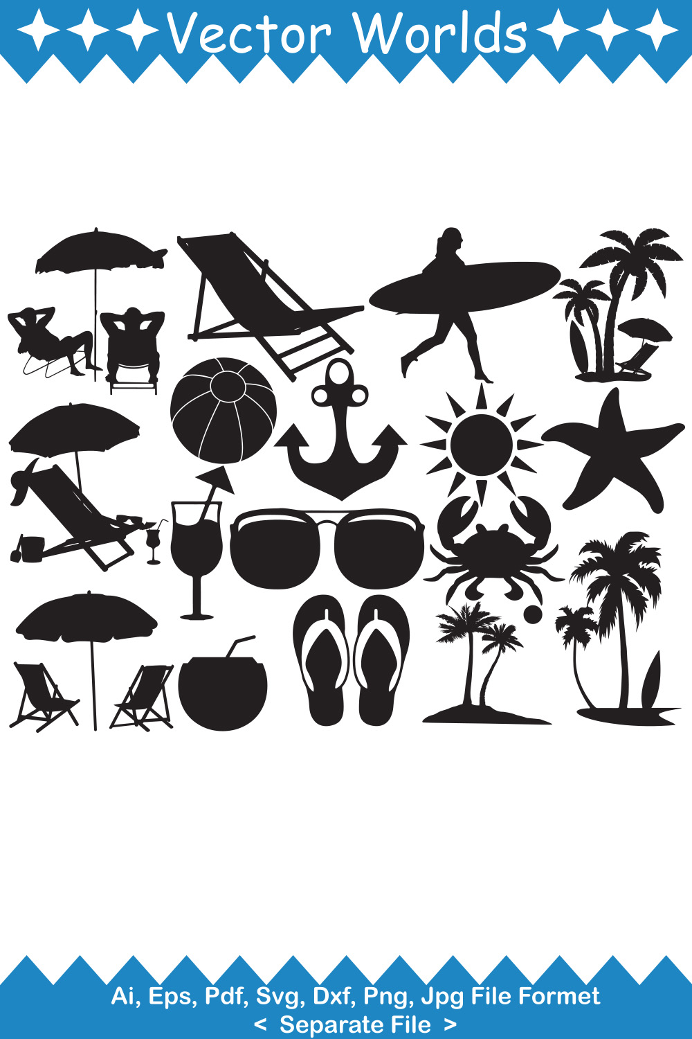Pack of vector beautiful images on the theme of the beach in black.