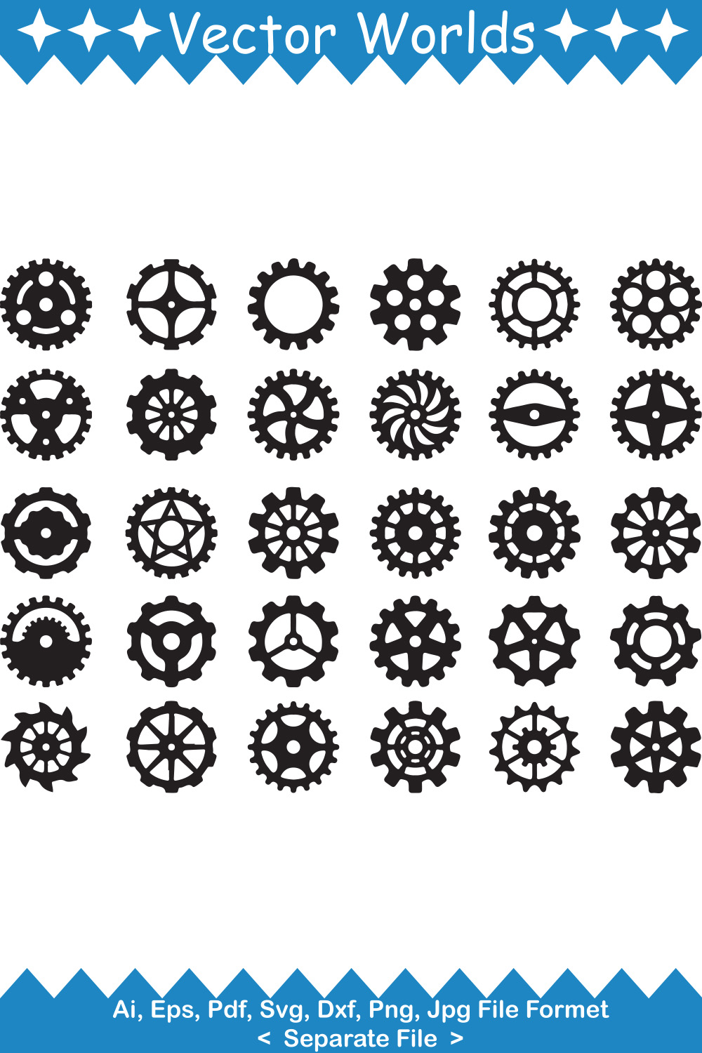 Collection of vector unique images of gear wheel silhouettes.