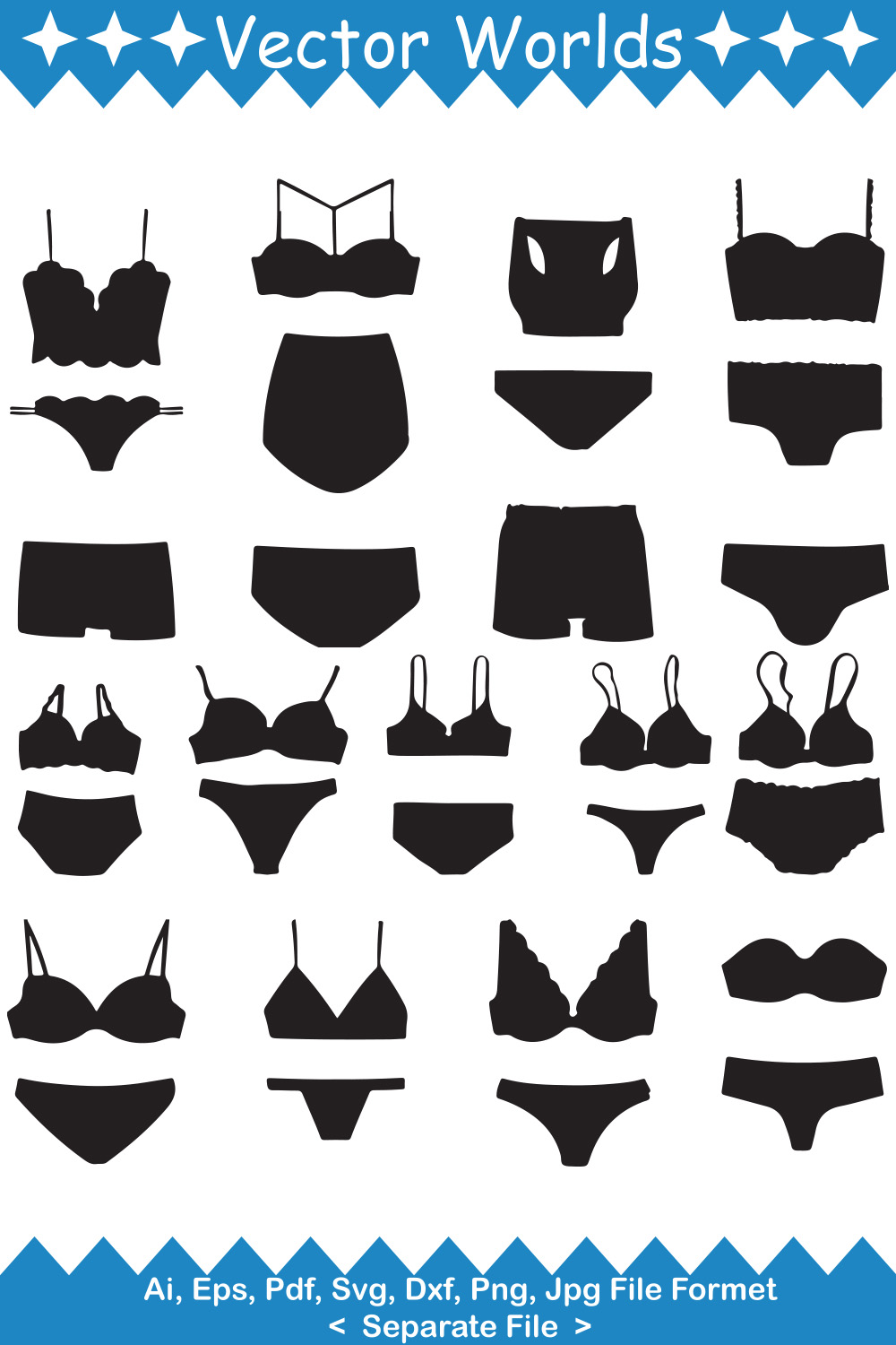 Pack of enchanting images of silhouettes of bras and panties.