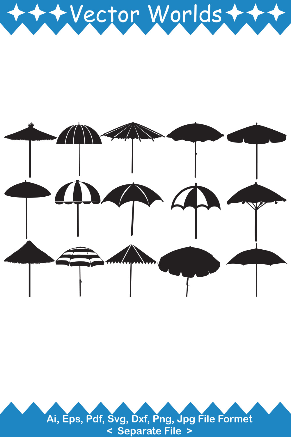 A pack of vector adorable images of beach umbrellas in black.