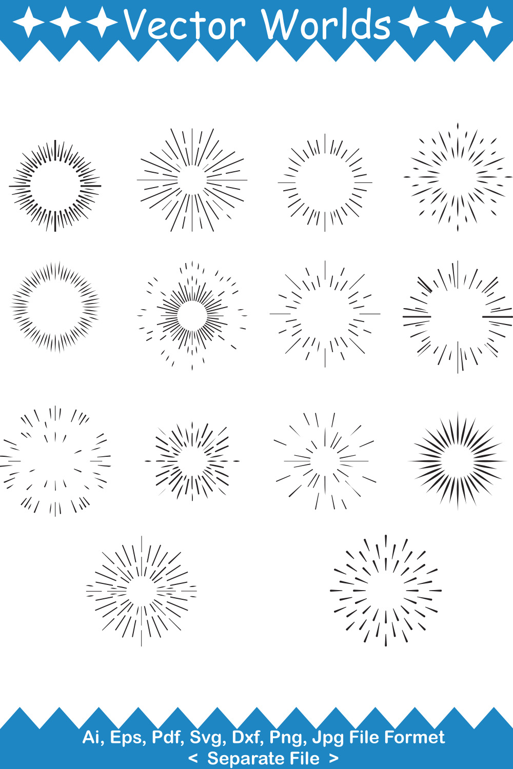 Collection of vector irresistible images of sunburst silhouettes.