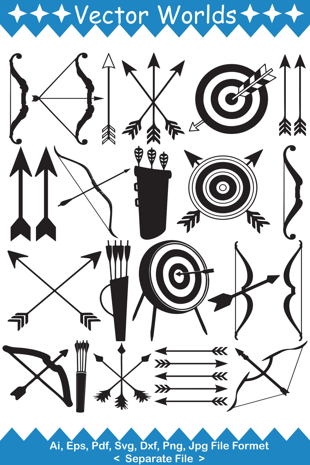 Collection of vector marvelous images of bow and arrow in black color.