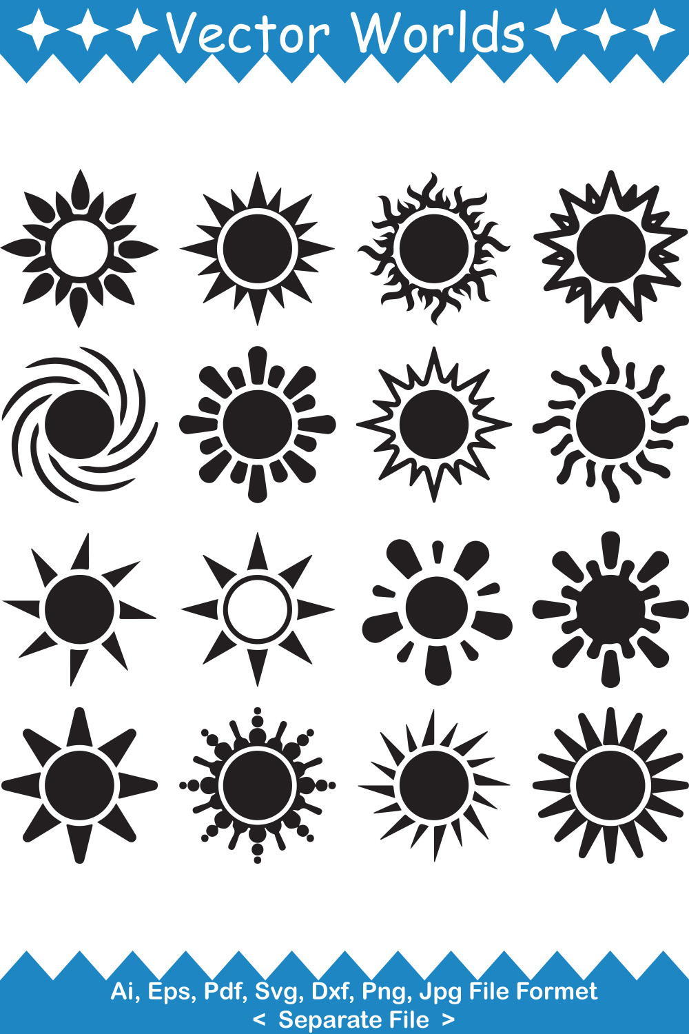 Bundle of vector enchanting images of silhouettes of the sun.