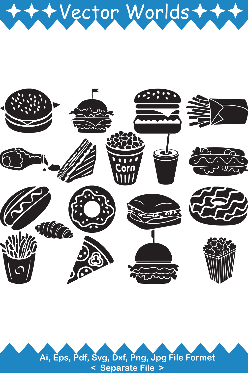 Set of vector beautiful images of fast food silhouettes.