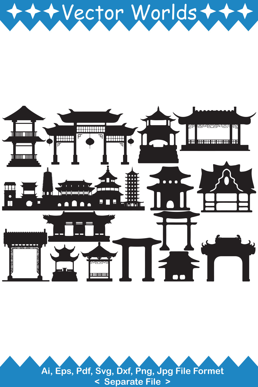 Set of vector adorable chinese buildings silhouette images.