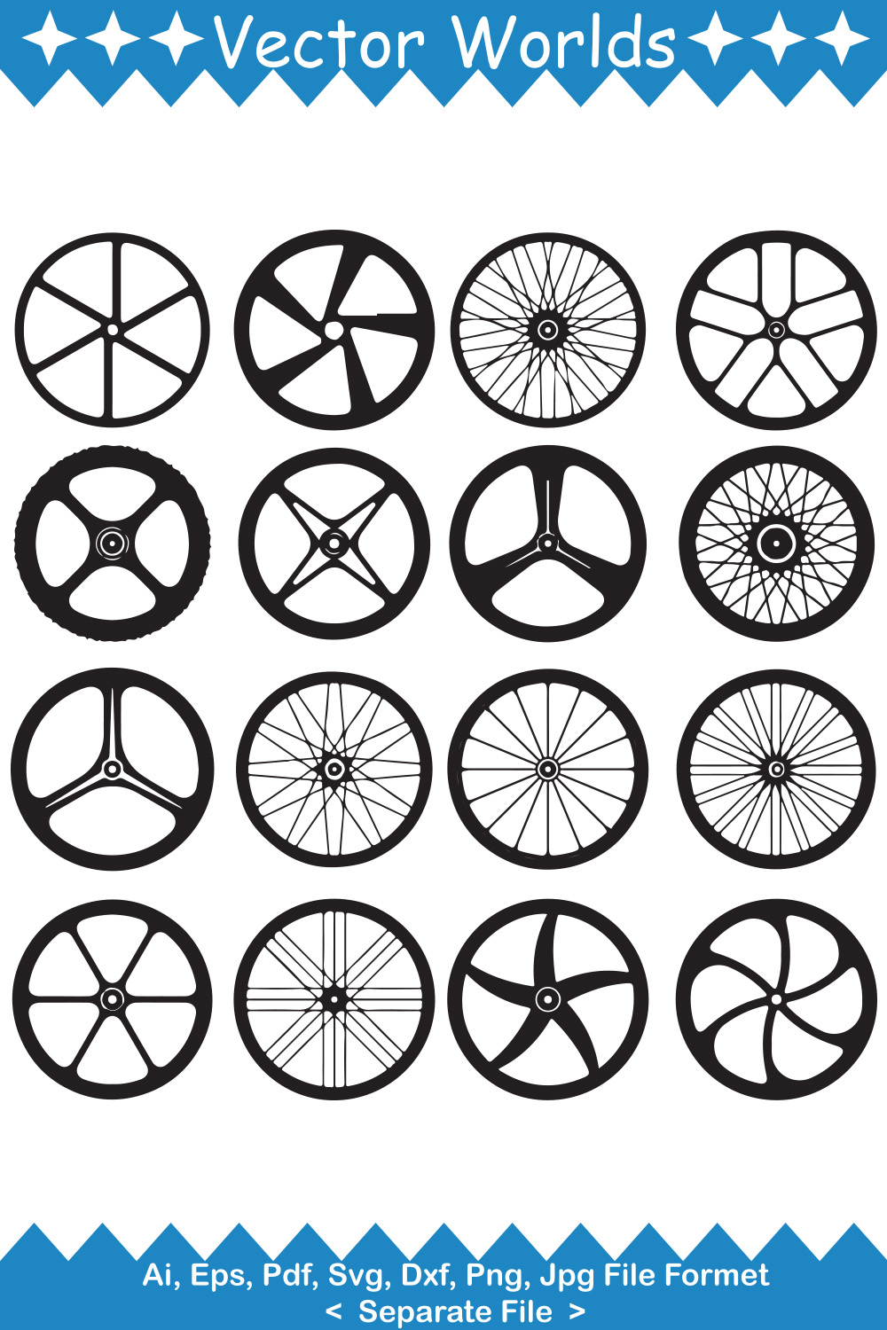 Bundle of exquisite images of black bicycle wheels.