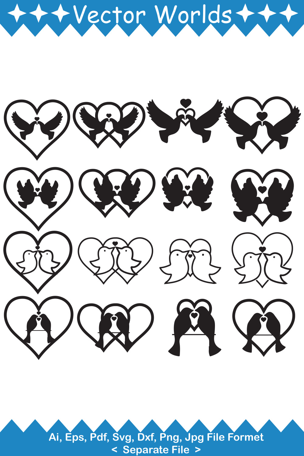 Set of hearts with birds and stars.