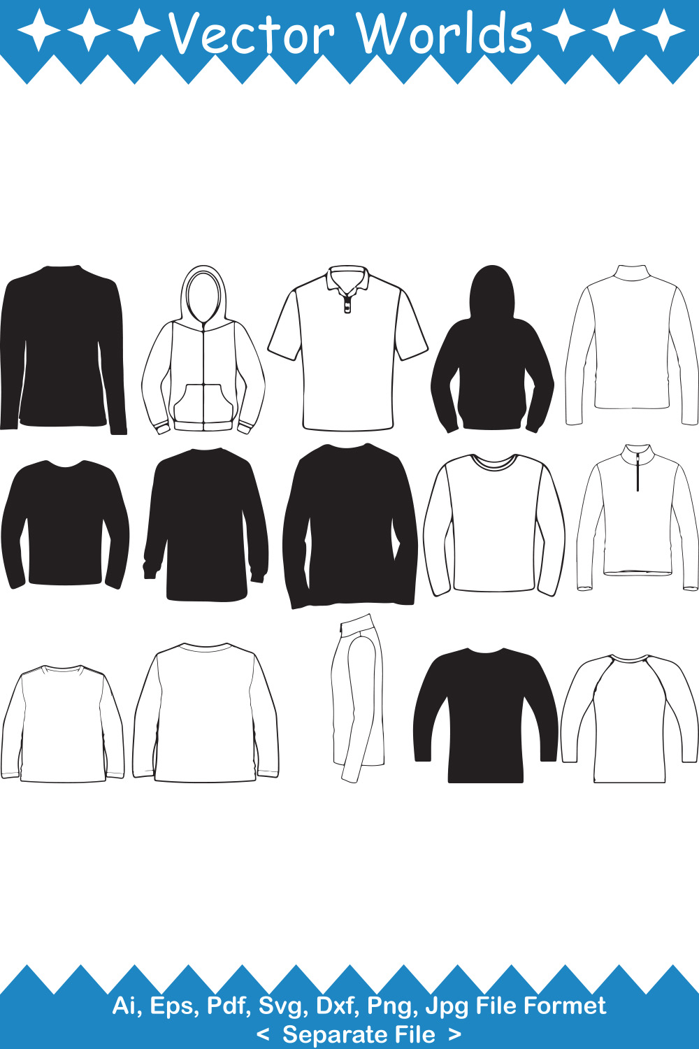 Bundle of vector amazing images of silhouettes of long sleeve shirts.