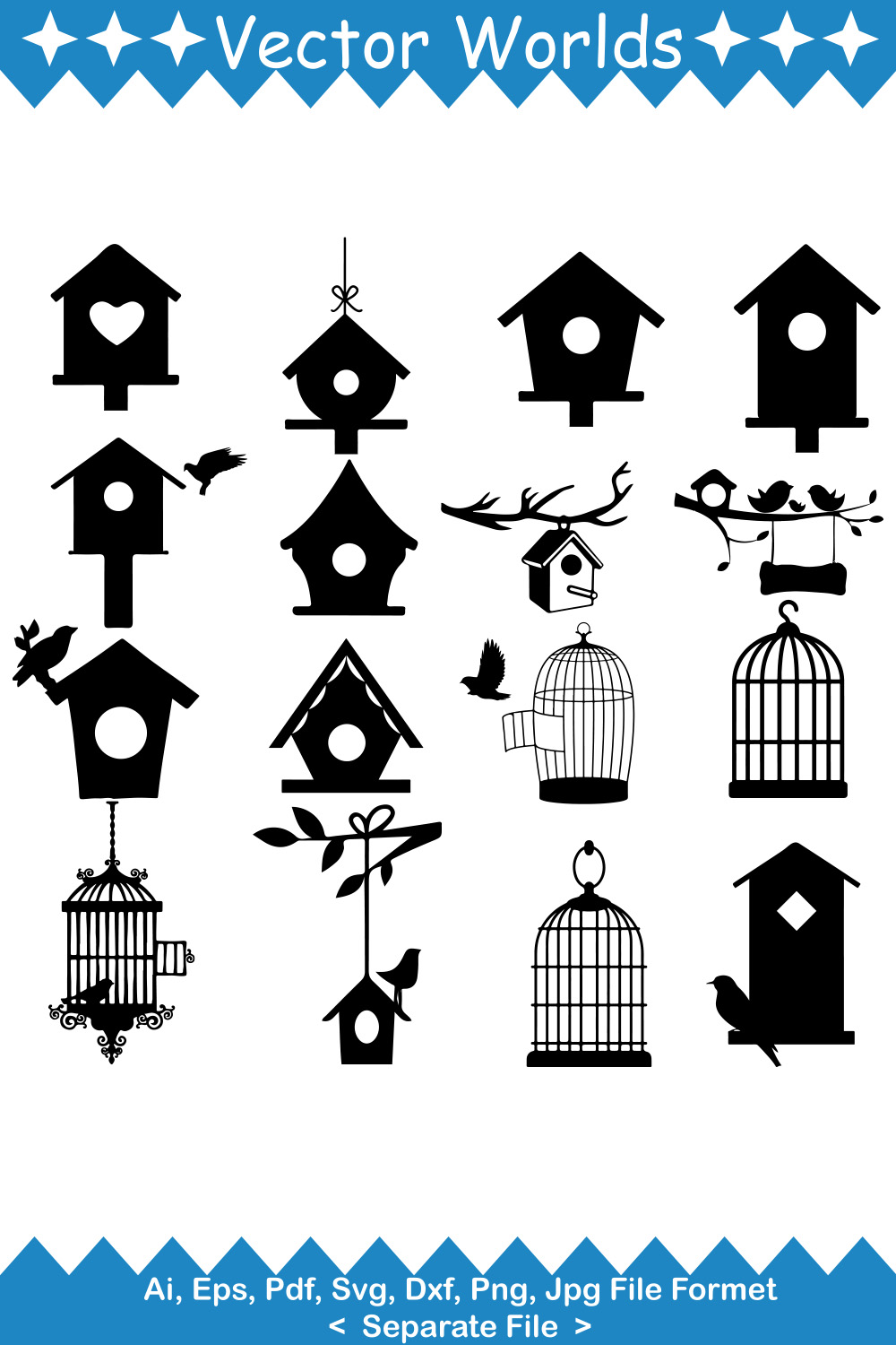 Collection of vector beautiful images of bird houses in black color.