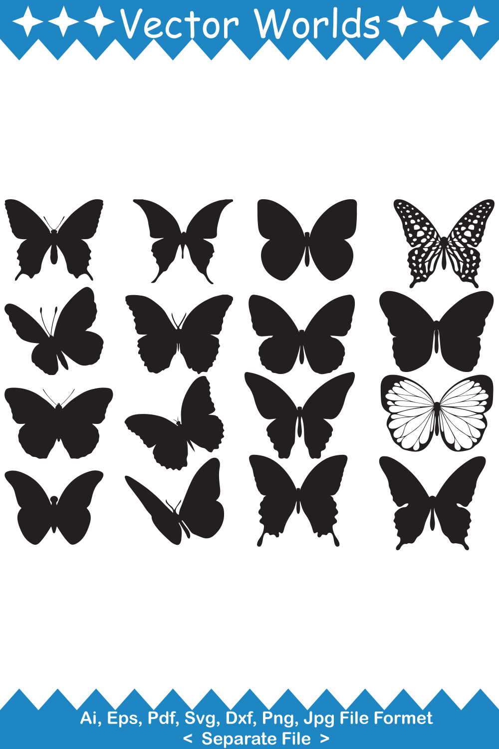 Set of black and white butterflies on a white background.